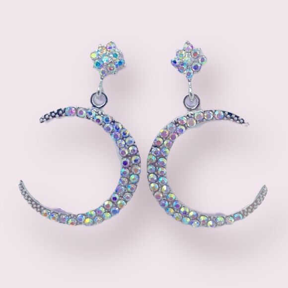 Moon Iridescent Rhinestone Crystal Post Drop Earrings - Picture 2 of 9